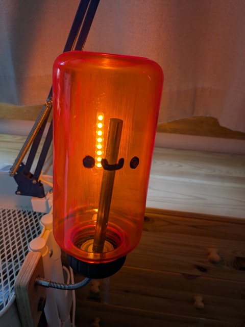 Gene!: a watter bottle turned into a lamp with eyes drawn on