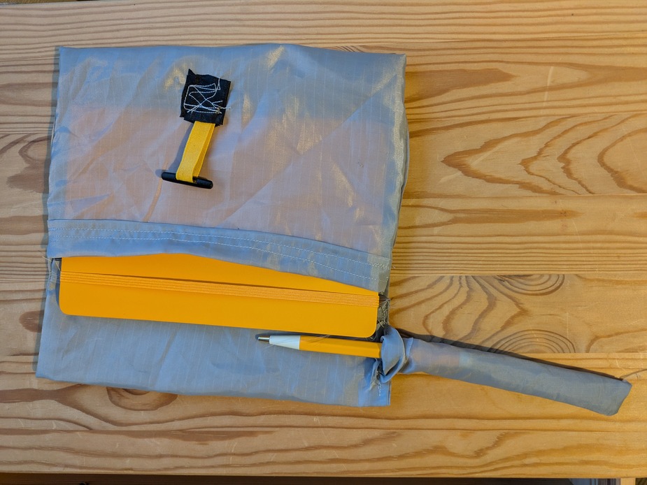 The interior of a sewn notebookholder with pen sleeve